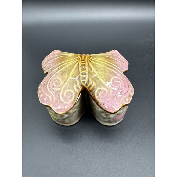 Vintage Glazed Ceramic Butterfly Pink Trinket Dish Stash Box - Picture 9 of 15
